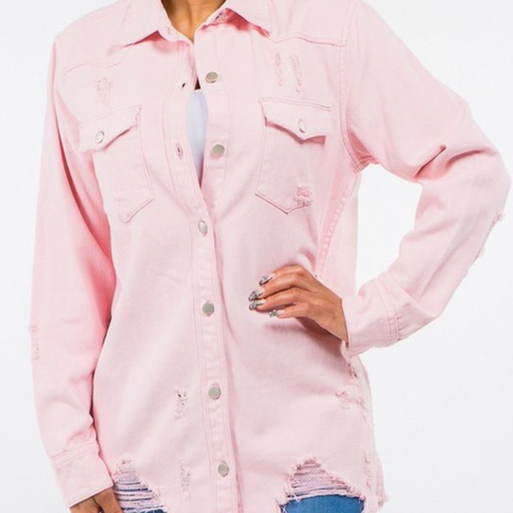Pink Distressed Denim Shacket